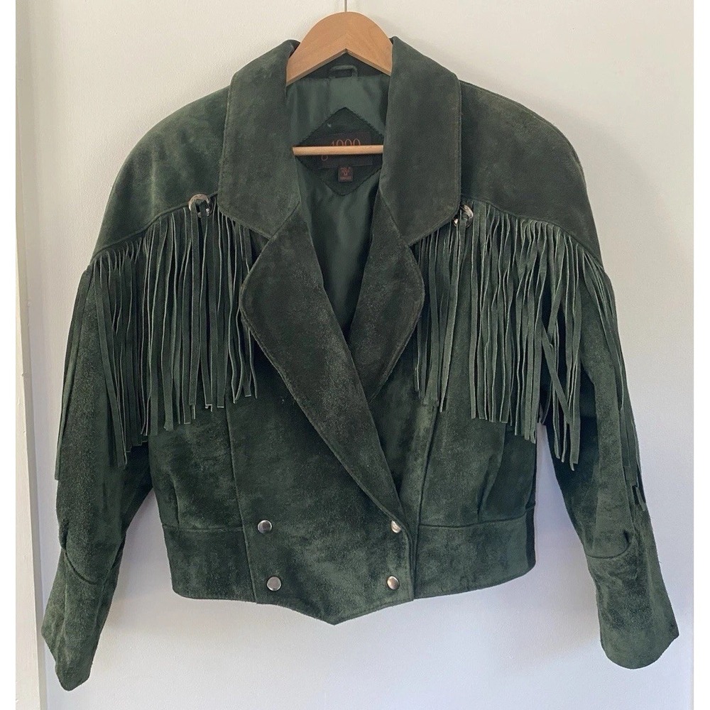 Vintage Suede Leather Fringe Western Women's Jacket Concho Green Medium